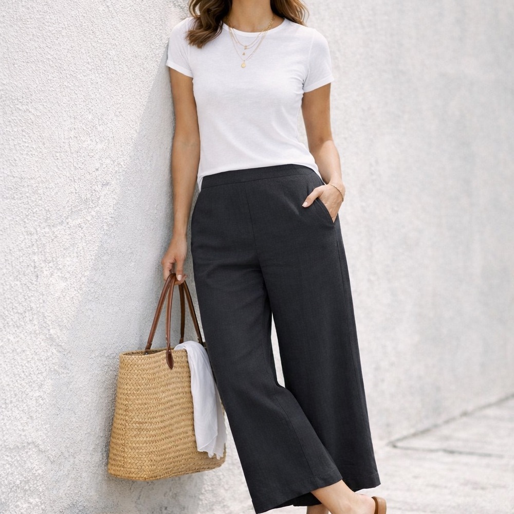 LOFT  Black Linen Blend Mid Rise Wide Leg Pull On Pants Women S